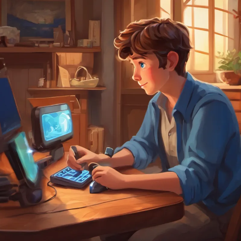 Smart, uses voice and device to talk, brown hair, blue eyes tells his mom he's sick using his device.