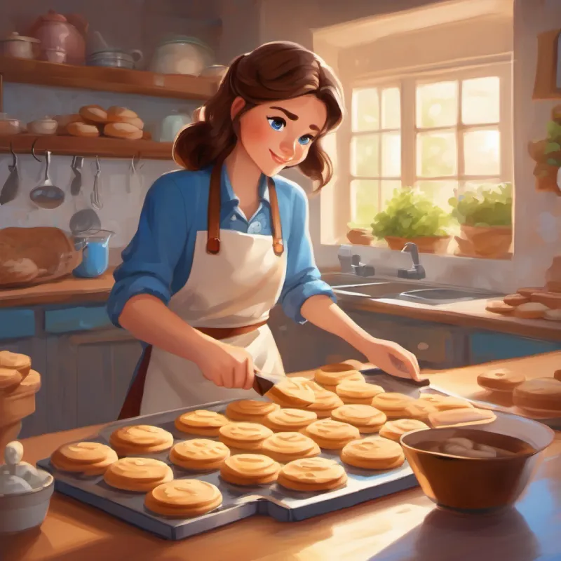 Smart, uses voice and device to talk, brown hair, blue eyes expresses boredom and decides to bake cookies.