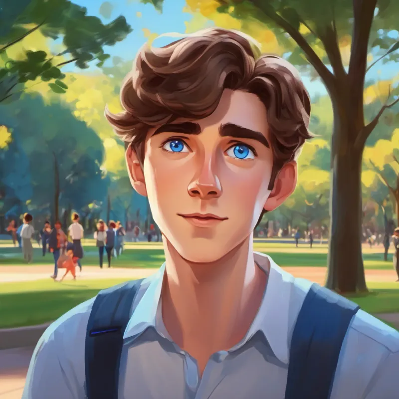 Smart, uses voice and device to talk, brown hair, blue eyes explains his sensitivity to noise at the park.