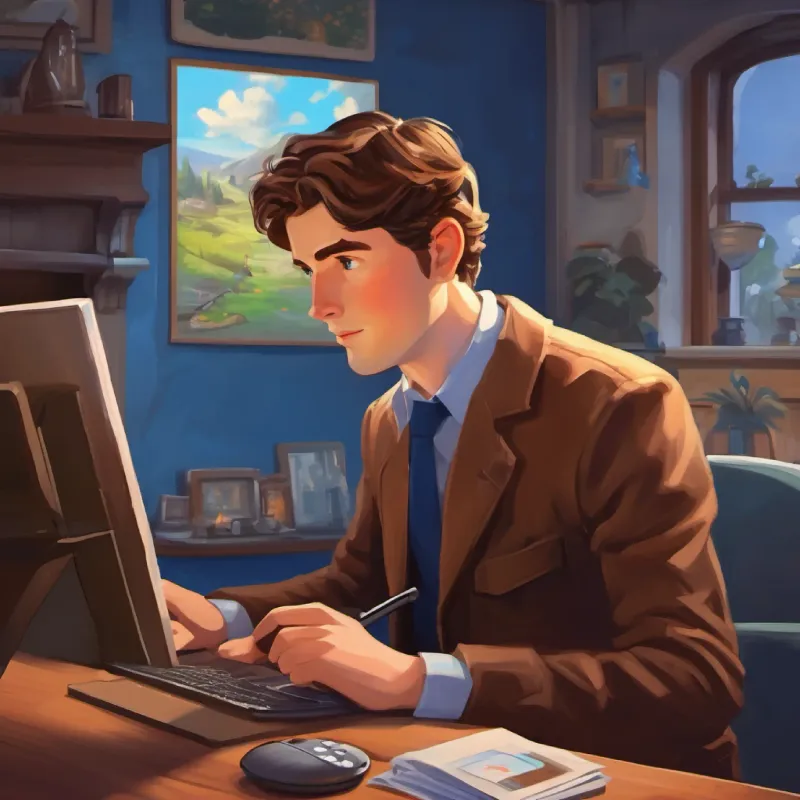 Smart, uses voice and device to talk, brown hair, blue eyes chooses a movie and interacts with staff using his device.
