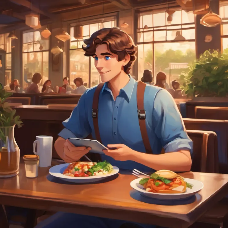 Smart, uses voice and device to talk, brown hair, blue eyes orders food at a restaurant using his device.