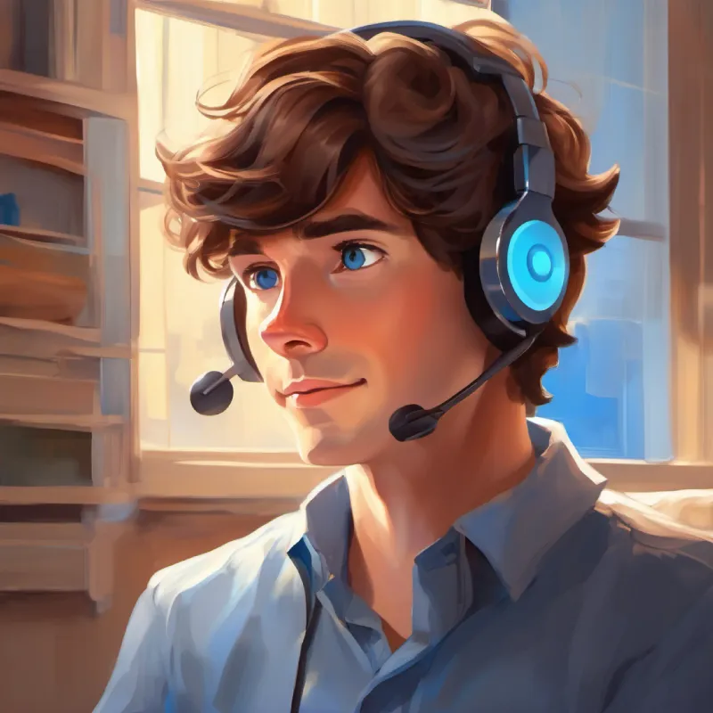Smart, uses voice and device to talk, brown hair, blue eyes reflects on his successful day of communication.