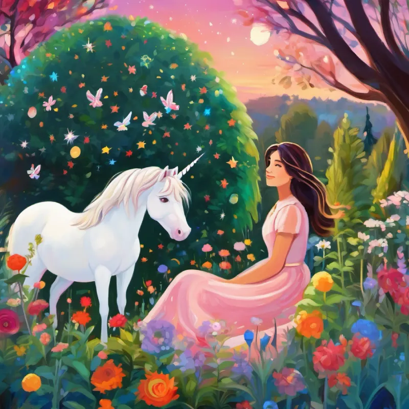 Bambina di sei anni, capelli castani, occhi pieni di meraviglia in her garden, dreaming of unicorns.