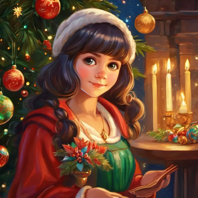 Bambina di sei anni, capelli castani, occhi pieni di meraviglia receives an enchanted pendant.