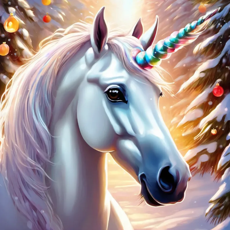 Unicorno bianco, criniera scintillante, occhi saggio, a white unicorn, approaches Bambina di sei anni, capelli castani, occhi pieni di meraviglia.