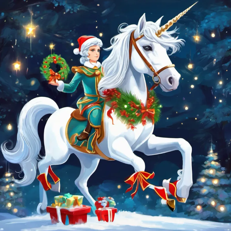 Unicorno bianco, criniera scintillante, occhi saggio explains the threat to the kingdom.