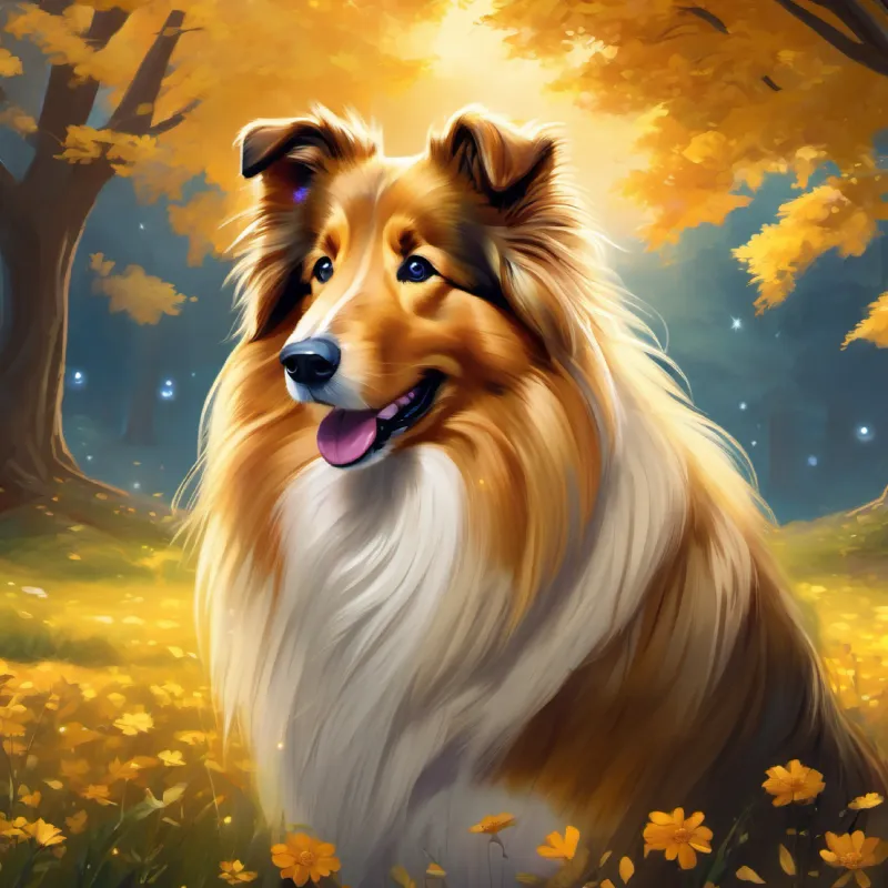 Introducing Golden, fluffy rough collie with sparkly jewel-like eyes, setting in Meadowvale, Golden, fluffy rough collie with sparkly jewel-like eyes learns of the Midnight Tree.