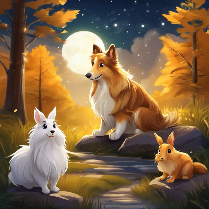 Golden, fluffy rough collie with sparkly jewel-like eyes, Quick, small squirrel with a very bushy tail, and Soft, white rabbit, twitchy nose, full of curiosity start their journey to the forest at night.