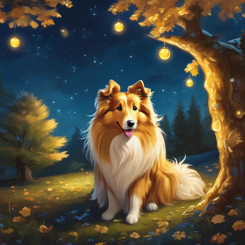 Golden, fluffy rough collie with sparkly jewel-like eyes and friends find the Midnight Tree with a riddle to solve.