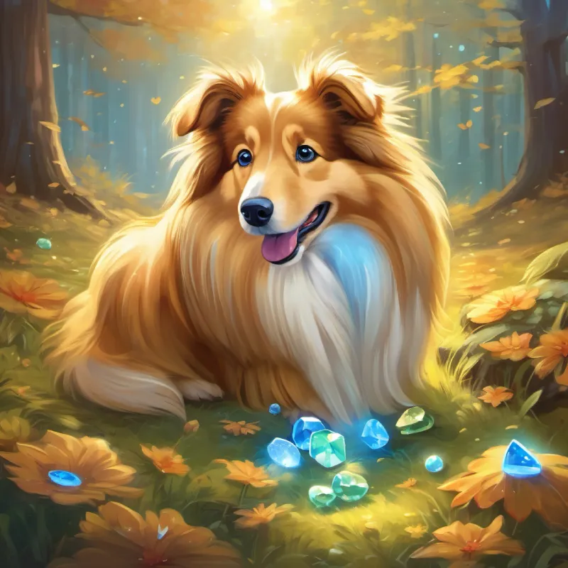 Golden, fluffy rough collie with sparkly jewel-like eyes and friends solve the riddle.