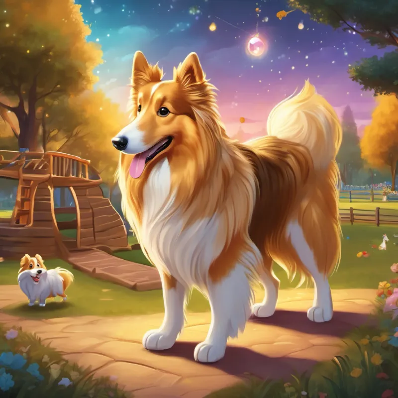 Golden, fluffy rough collie with sparkly jewel-like eyes and friends enjoy their new playgrounds and treasure their adventures.