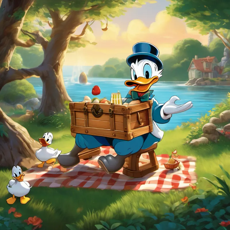Donald Duck ,embarks on a picnic with Daisy and his mischievous nephews. A shiny object in a tree leads to a water-themed escapade, where Donald transforms it into a treasure chest filled with seashells. His ability to transform mishaps into adventures and infectious laughter make him a beloved member.