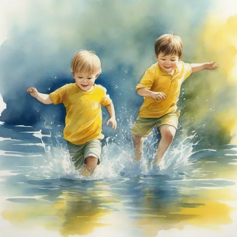 Two brothers playing in water. Blue and yellow colors.