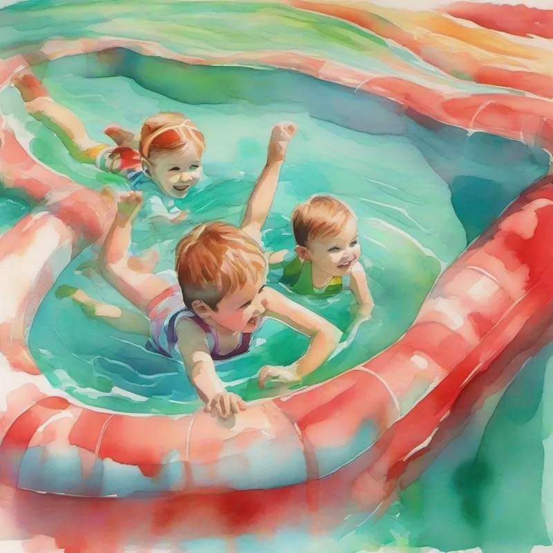 Kids swimming in a pool. Bright colors of red and green.
