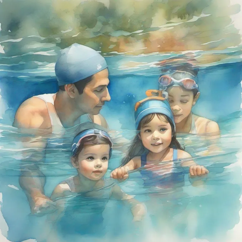 Parents teaching kids to swim. Calm blue colors.