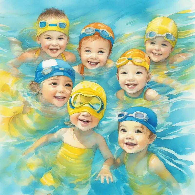 Kids practicing swimming. Bright blue and yellow colors.