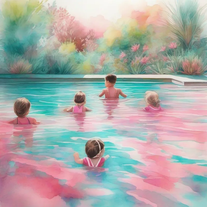 Kids swimming across the pool. Exciting colors of pink and turquoise.