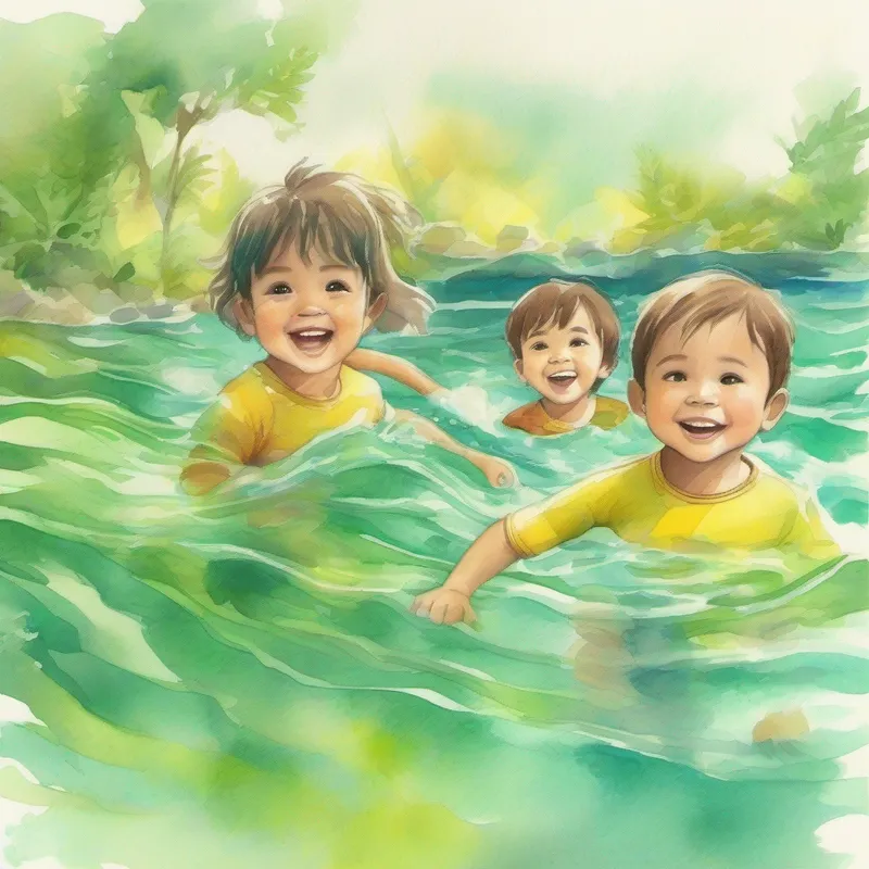 Kids enjoying swimming. Happy colors of green and yellow.