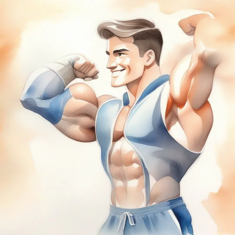 A strong bodybuilder with a friendly smile and wise advice becomes A boy with dreamy eyes and strong muscles, filled with determination's mentor, inspiring and influential
