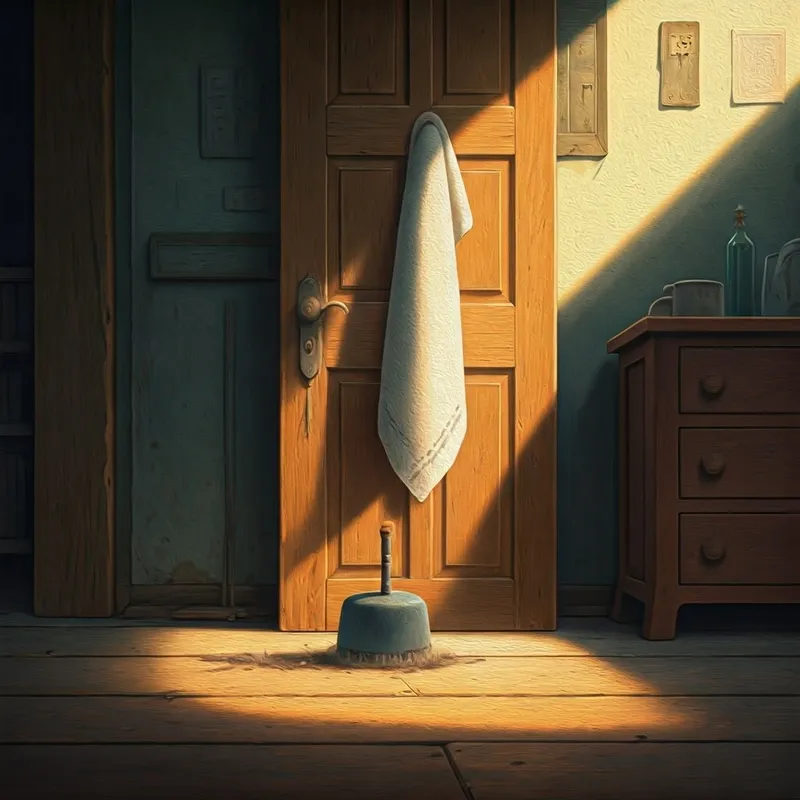 A plain dishrag next to a dusty doorstop