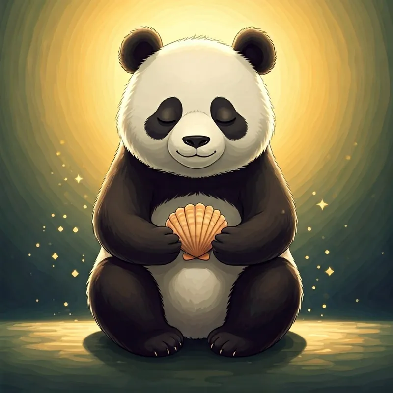 A panda with closed eyes holding a seashell, surrounded by sparkles