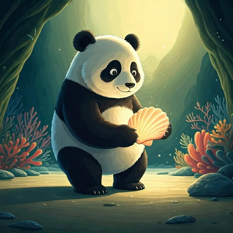 A panda holding a brightly glowing seashell