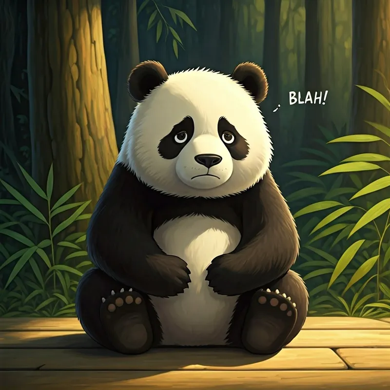 A panda looking sad with the word "BLAH!" above its head