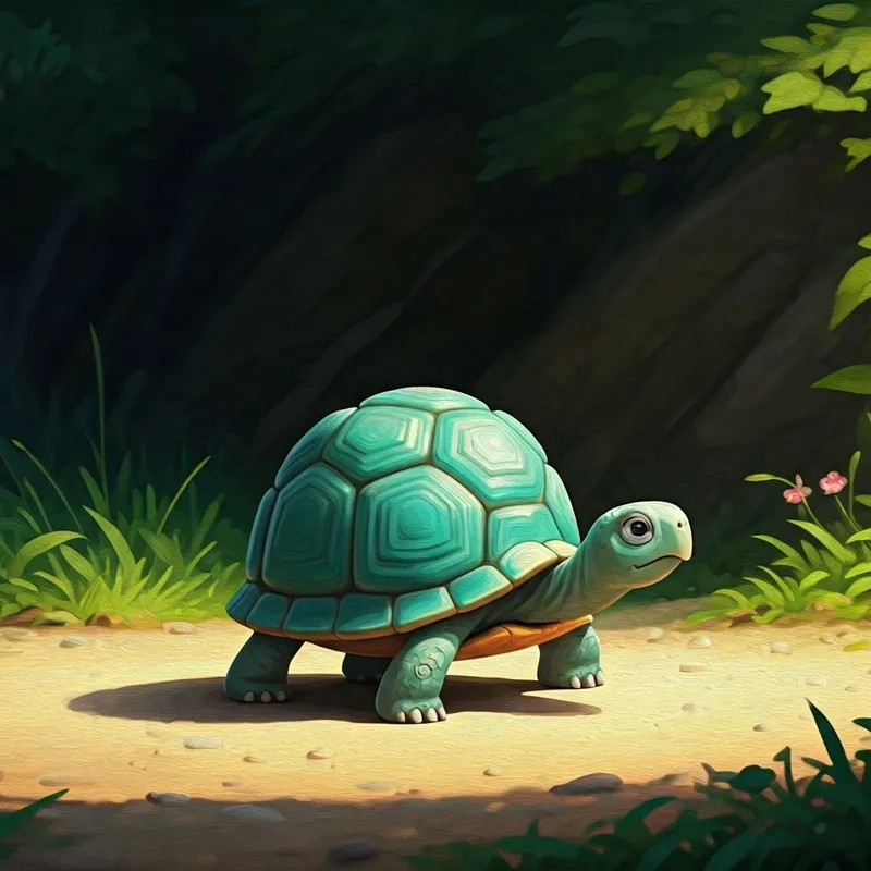 A small turquoise turtle walking slowly