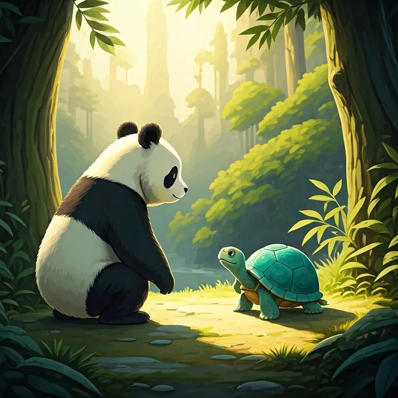 A panda talking to a small turquoise turtle