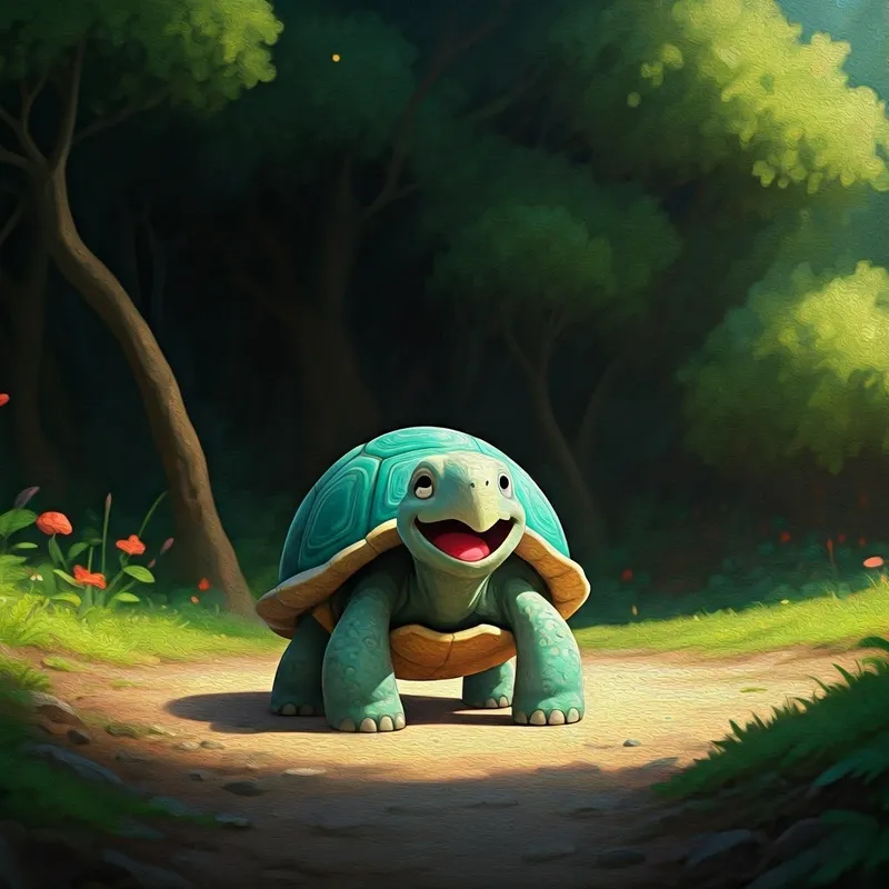 A small turquoise turtle laughing