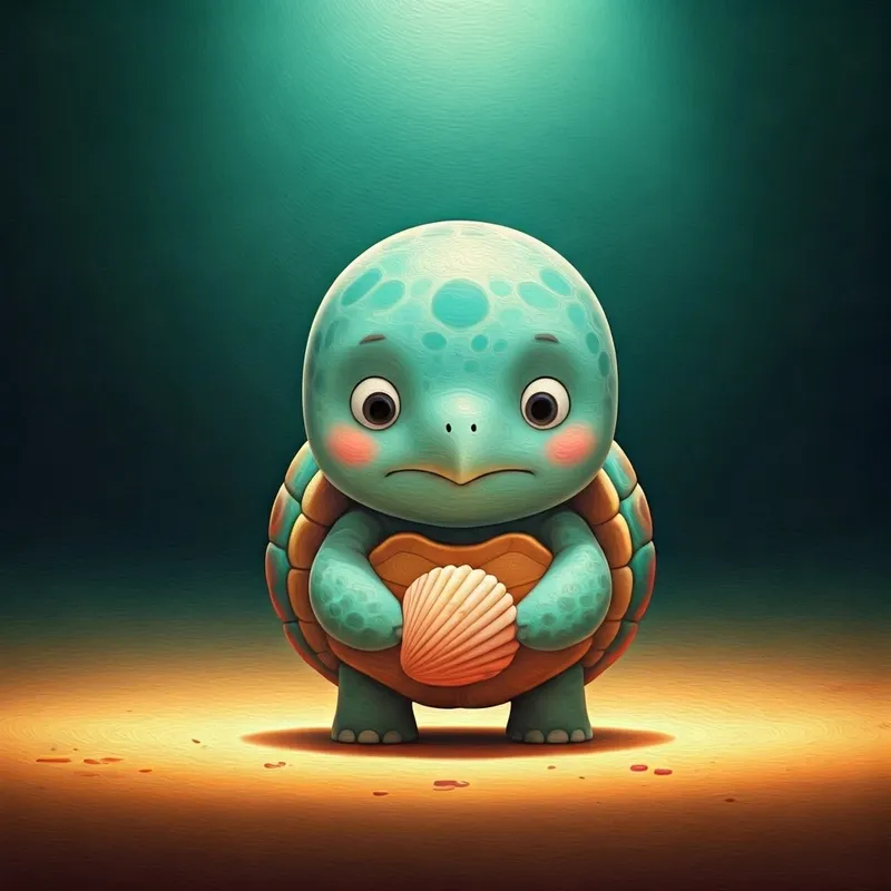 A small turquoise turtle holding a shiny seashell