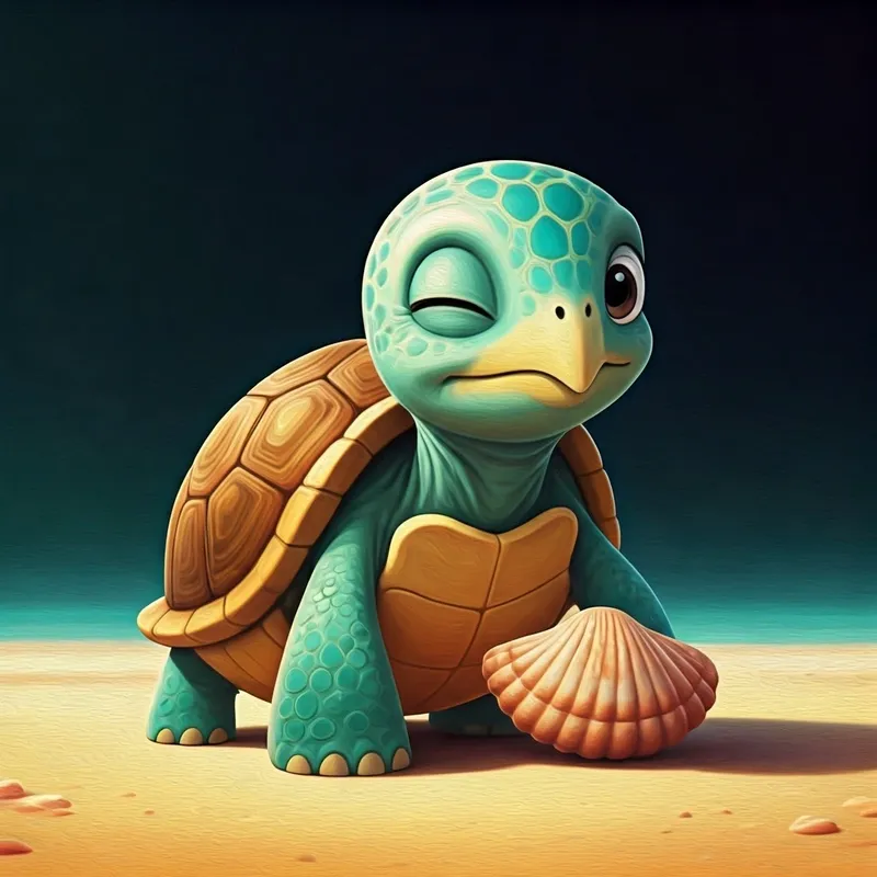 A small turquoise turtle winking while holding a seashell
