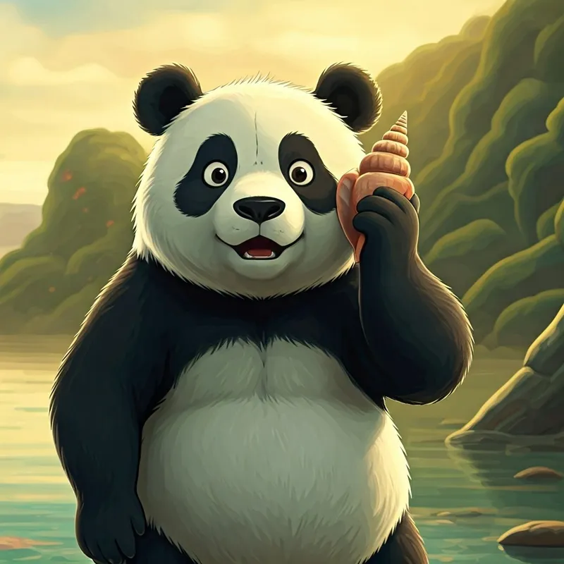 A panda holding a seashell to his ear, looking excited