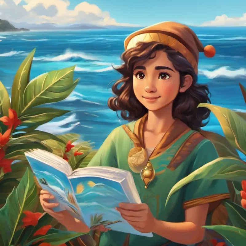 Teaching Young Māori learner, radiant skin, curious wide brown eyesren to read the ocean and wind