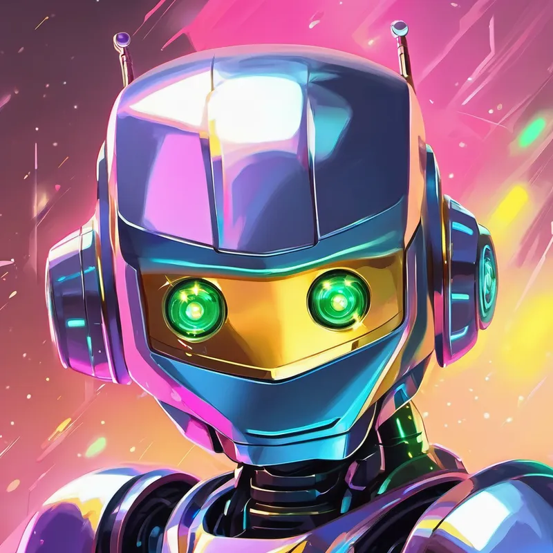 Shiny silver body, bright blue eyes, intelligent robot, Sleek black body, glowing green eyes, strong robot, and Golden body, sparkling pink eyes, kind robot robots described