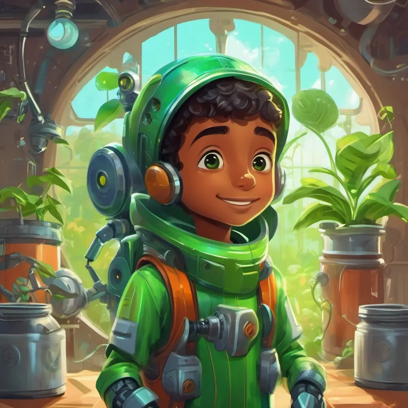 9-year-old Muslim boy with curiosity and passion for science and Green body, environmentalist robot make a positive difference in Crescentville