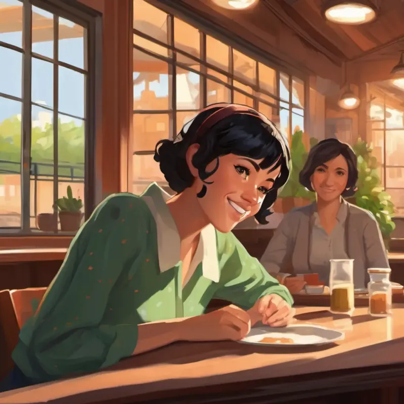 Lunchroom scene, Short black hair, brown eyes, warm smile, tan skin observes Red hair, green eyes, freckles, fair complexion's isolation.