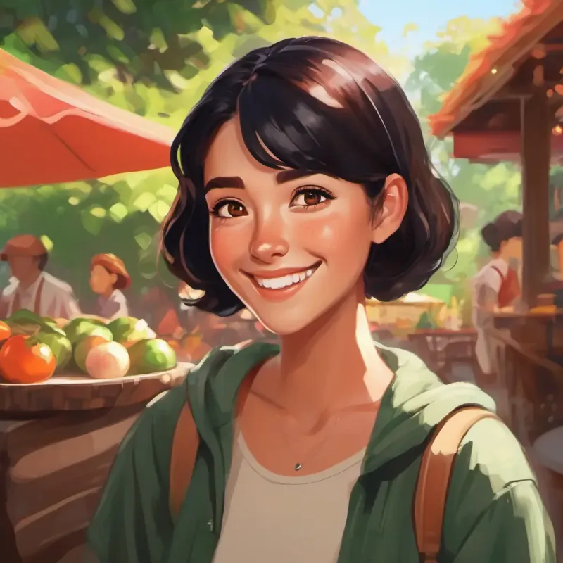 Short black hair, brown eyes, warm smile, tan skin shares food with Red hair, green eyes, freckles, fair complexion, starts a friendship.