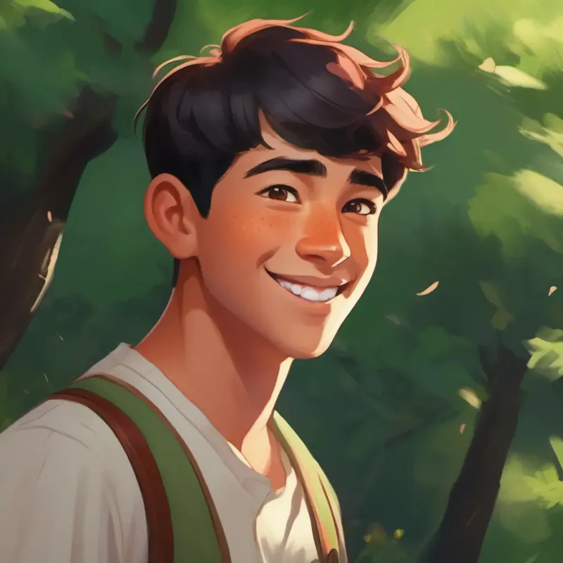 Short black hair, brown eyes, warm smile, tan skin makes Red hair, green eyes, freckles, fair complexion smile, noticing his missing tooth.