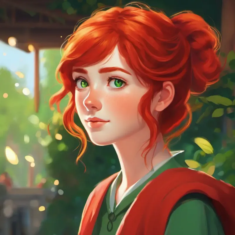 Red hair, green eyes, freckles, fair complexion overcomes shyness, becomes involved in play.