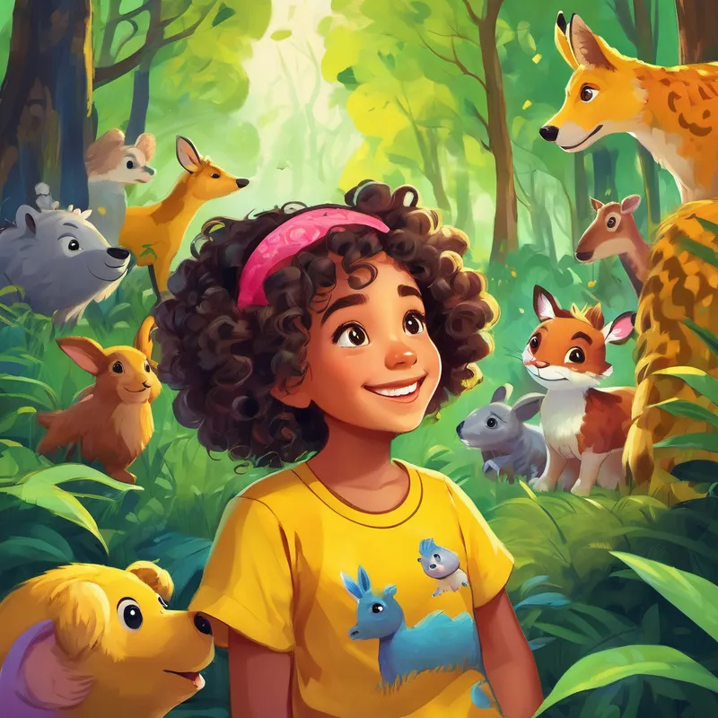 Curly-haired girl with a bright yellow shirt and a colorful headband happily talking to Various animals of different sizes and colors, wearing friendly expressions in the forest