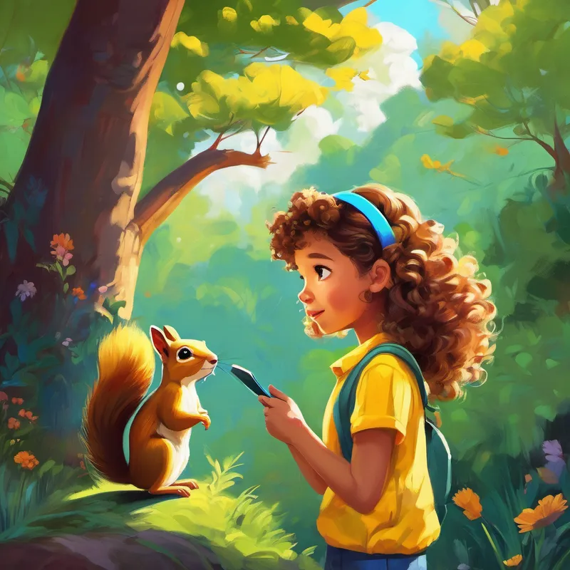 Curly-haired girl with a bright yellow shirt and a colorful headband listening attentively to a chatty squirrel