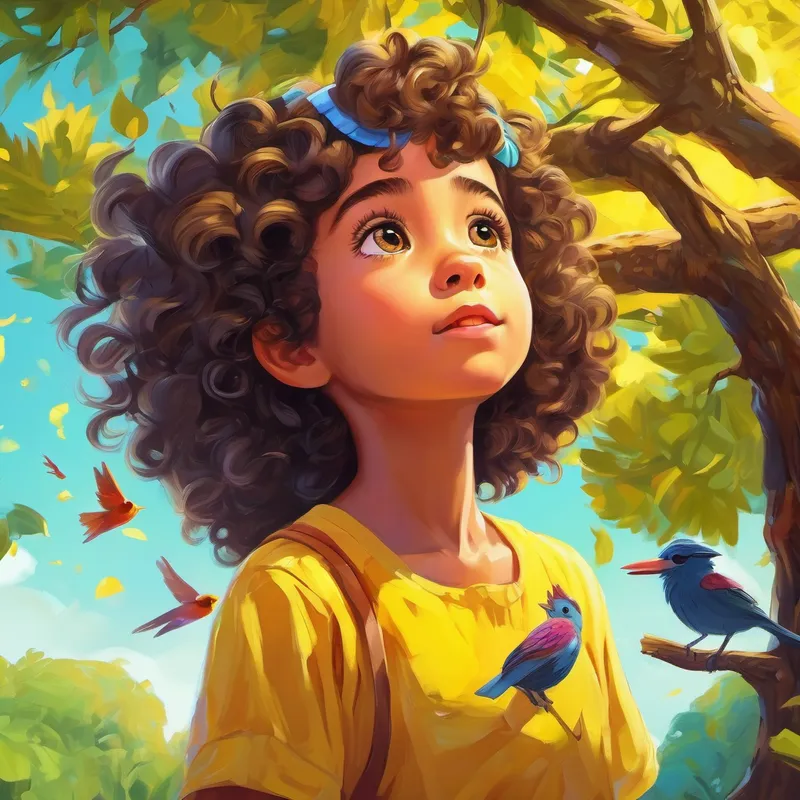 Curly-haired girl with a bright yellow shirt and a colorful headband looking up at a bird stuck in a tree