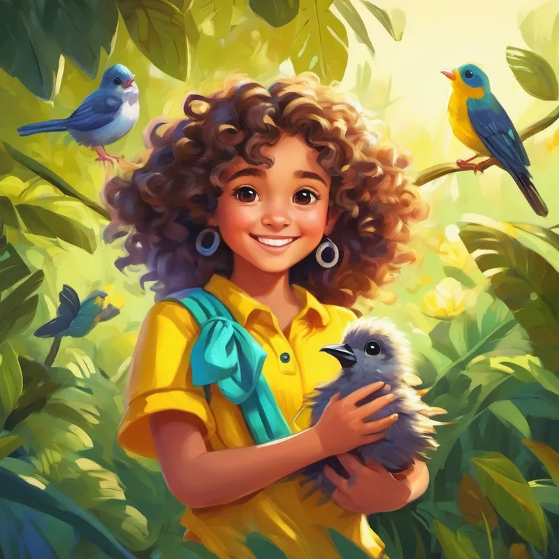 Curly-haired girl with a bright yellow shirt and a colorful headband rescuing the baby bird with a smile