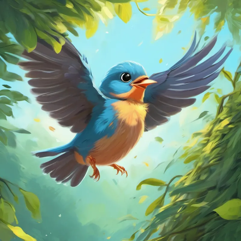 The baby bird happily flying back to its nest