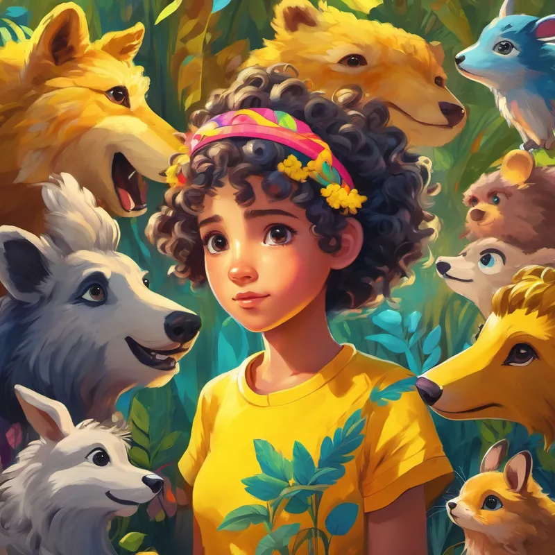 Animals gathered around Curly-haired girl with a bright yellow shirt and a colorful headband, seeking her assistance