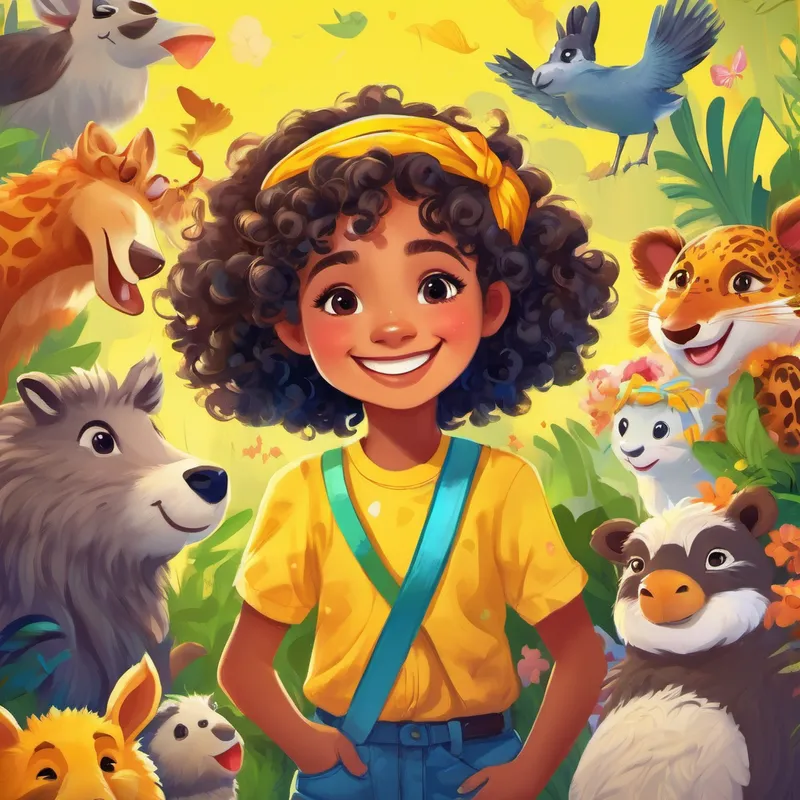 Curly-haired girl with a bright yellow shirt and a colorful headband surrounded by happy Various animals of different sizes and colors, wearing friendly expressions, all smiling
