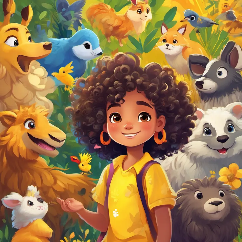 Curly-haired girl with a bright yellow shirt and a colorful headband chatting with Various animals of different sizes and colors, wearing friendly expressions, spreading joy and love