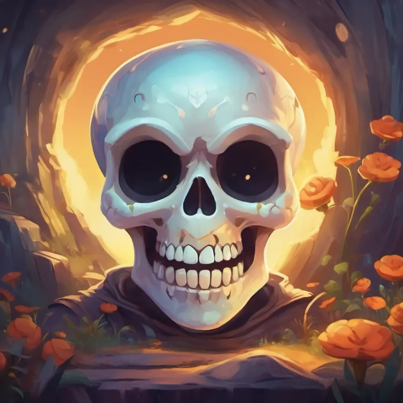 Introducing Friendly skull with a big smile, likes pranks, no skin, has eye sockets and setting up the ghostly yet friendly atmosphere.