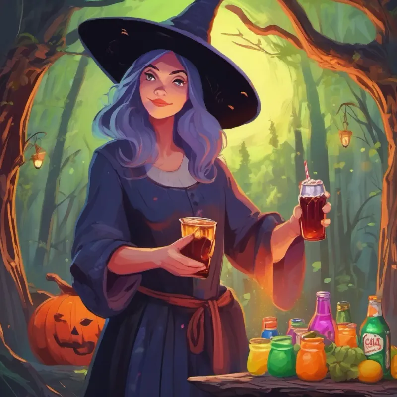 The witch gives Grave fizzy drinks for the party.
